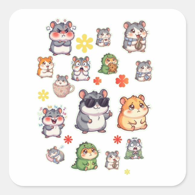 Sticker Carré Feuille d'autocollants de hamster Kawaii Mignon |  (Devant)