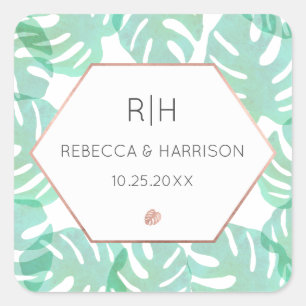 Sticker Carré Feuille et or Rose Monstera