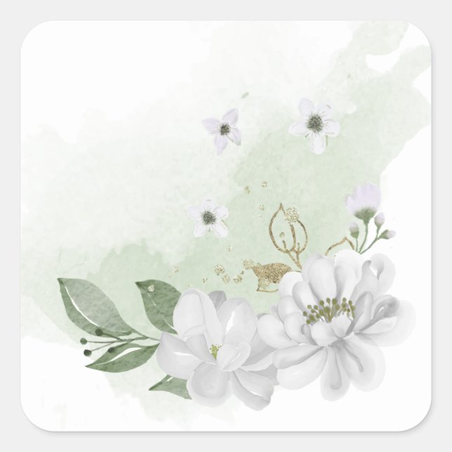 Sticker Carré feuilles blancs verts fleurs (Devant)