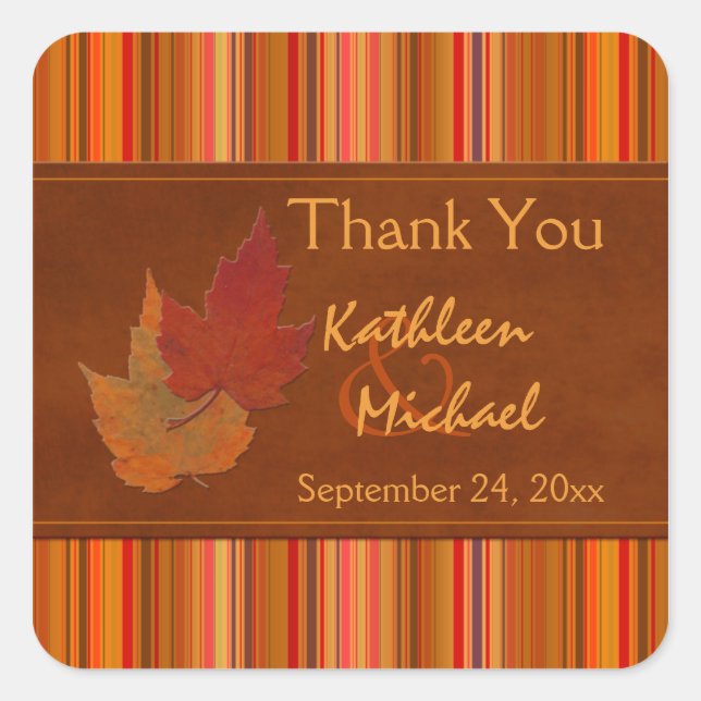 Sticker Carré Feuilles d'automne et rayures Mariage Favor Sticke (Devant)