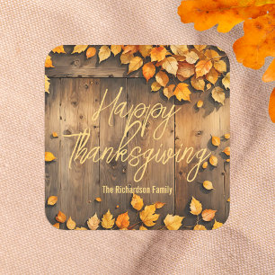 Sticker Carré Feuilles d'automne jaunes sur le bois Thanksgiving