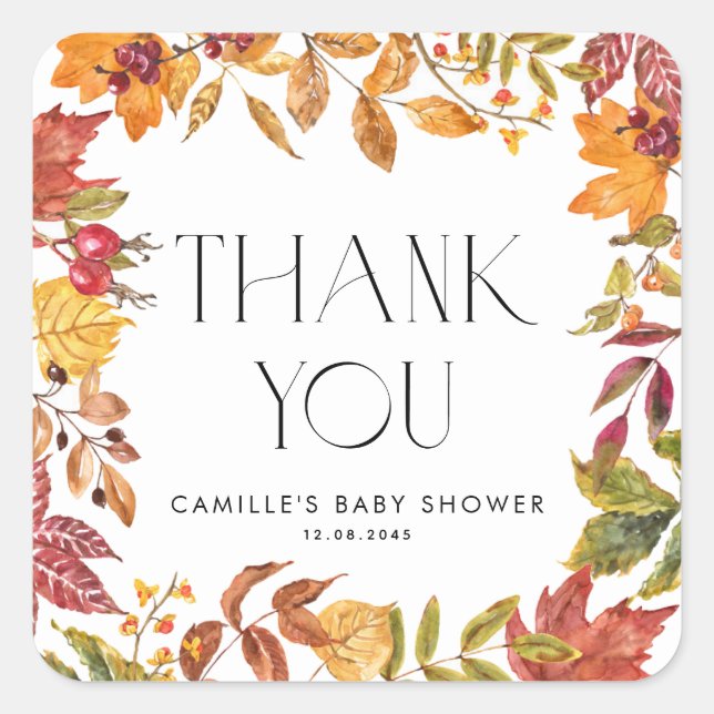Sticker Carré Feuilles d'automne Merci Baby shower de couronne (Devant)
