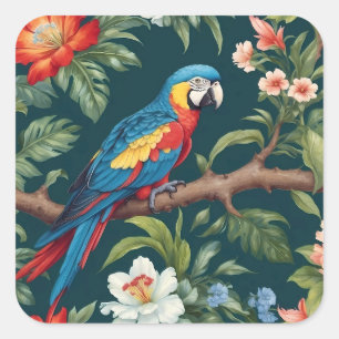 Sticker Carré Feuilles de la jungle tropicale des perroquets col