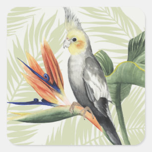 Sticker Carré Feuilles de palmiers à oiseaux noirs