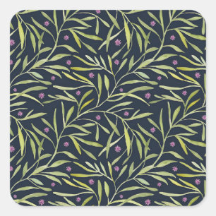 Sticker Carré Feuilles de vignes vertes sereines avec fleurs ros