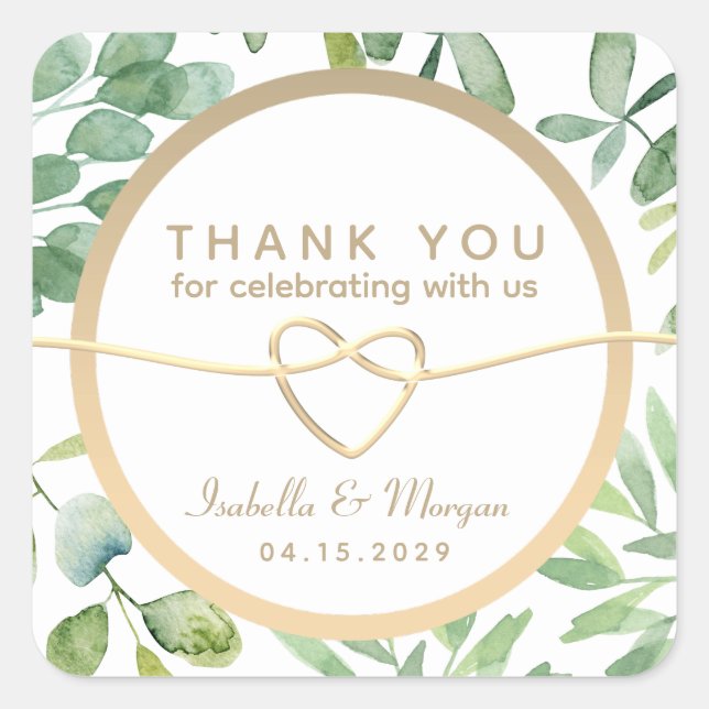 Sticker Carré Feuilles d'or verdure Mariage botanique Merci (Devant)