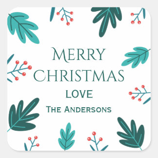 Sticker Carré Feuilles et Baies de Noël Personnalisées Modernes