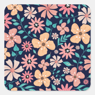 Sticker Carré Feuilles et fleurs Motif bleu