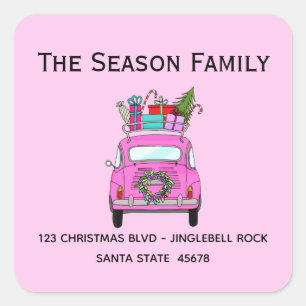 Sticker Carré Fiat 500 rose rétro avec cadeaux de Noël