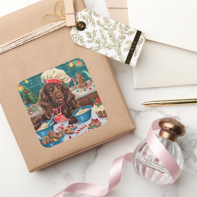 Sticker Carré Field Spaniel Gîtes : Festive Noël (Cadeaux)