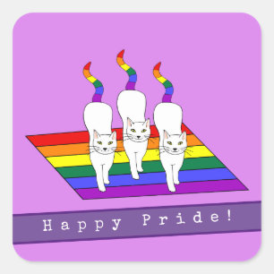 Sticker Carré Fierté LGBT Chats avec drapeau Arc-en-ciel