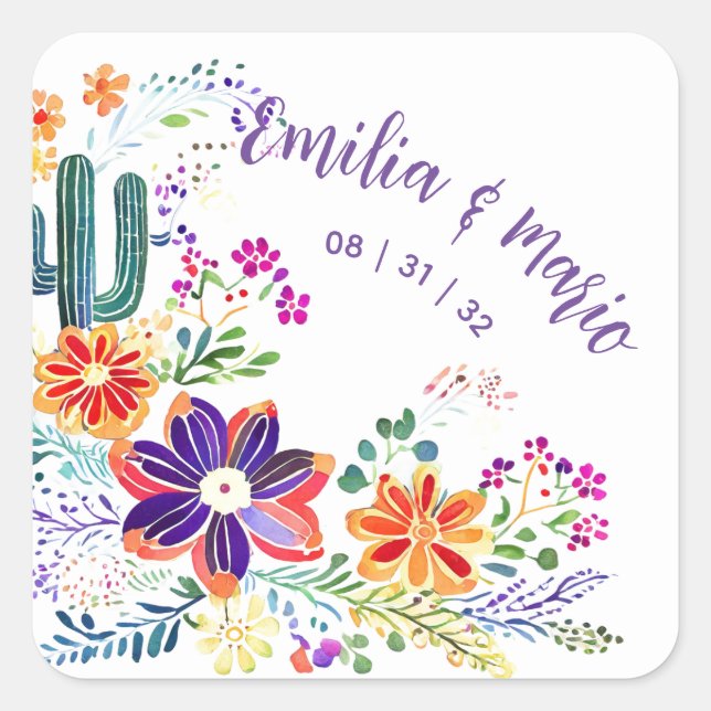 Sticker Carré FIESTA Cactus Folkart Fleurs Personnalisé (Devant)