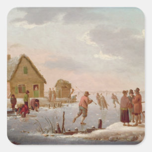 Sticker Carré Figures patinage dans un paysage d'hiver