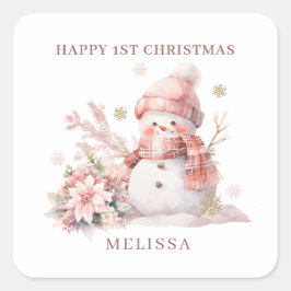 Sticker Carré Fille 1er Noël Snowman rose