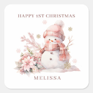 Sticker Carré Fille 1er Noël Snowman rose