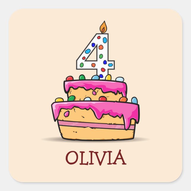 Sticker Carré Fille 4e anniversaire, 4 sur Gâteau rose doux (Devant)