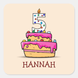 Sticker Carré Fille 5e anniversaire, 5 sur Gâteau rose doux