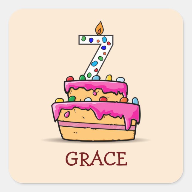 Sticker Carré Fille 7e anniversaire, 7 sur Gâteau rose doux (Devant)