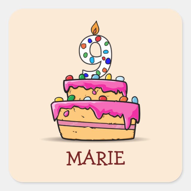 Sticker Carré Fille 9e anniversaire, 9 sur Gâteau rose doux (Devant)