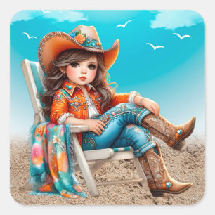 Sticker Carré Fille à la plage Fête d'anniversaire fille