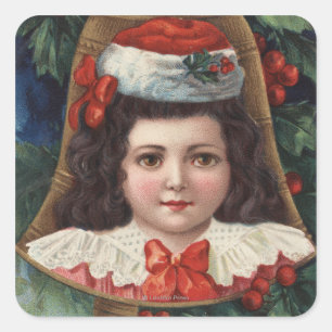 Sticker Carré Fille à Santa Hat dans Bell