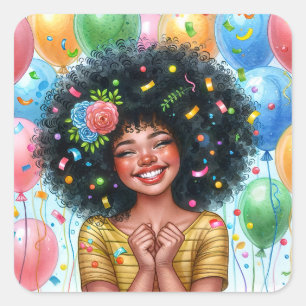 Sticker Carré Fille Afro Anniversaire Avec Aquarelle Peau Brown