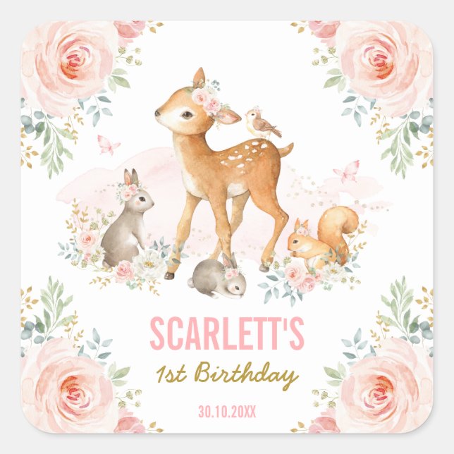 Sticker Carré Fille Animaux Bois Blush Rose Floral Anniversaire (Devant)