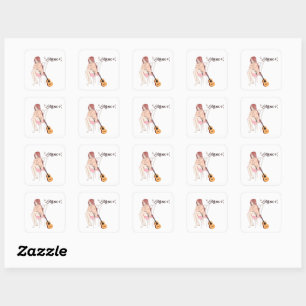 Sticker Carré Fille Anime Assise avec chat & Notes de Musique –