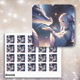 Sticker Carré Fille Anime et son Dragon Mystique