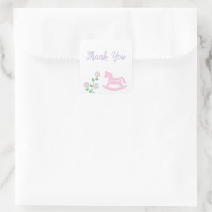 Sticker Carré Fille au cheval à bascule rose Baby Shower