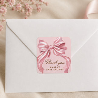 Sticker Carré Fille au Nœud Rose Élégant Baby Shower Merci