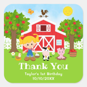 Sticker Carré Fille aux cheveux blonds anniversaire rouge ferme 
