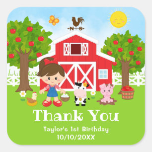 Sticker Carré Fille aux cheveux bruns anniversaire rouge ferme M