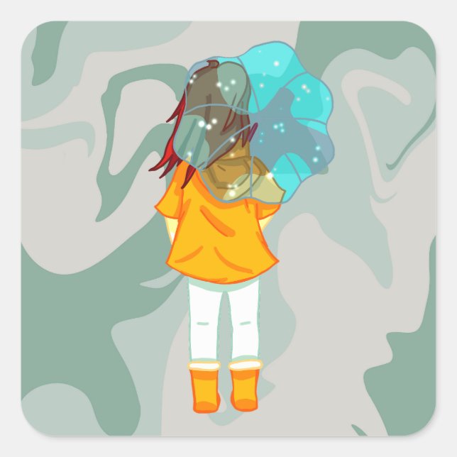 Sticker Carré Fille avec parapluie dans le vent pluie verte (Devant)