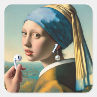 Sticker Carré Fille avec perle oreille avec écouteurs