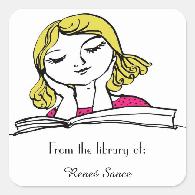 Sticker Carré Fille Avec Polka Dot Robe Lecture Plaque (Devant)