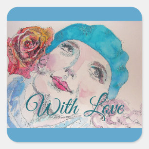 Sticker Carré Fille avec Rose rouge Beret Aquarelle