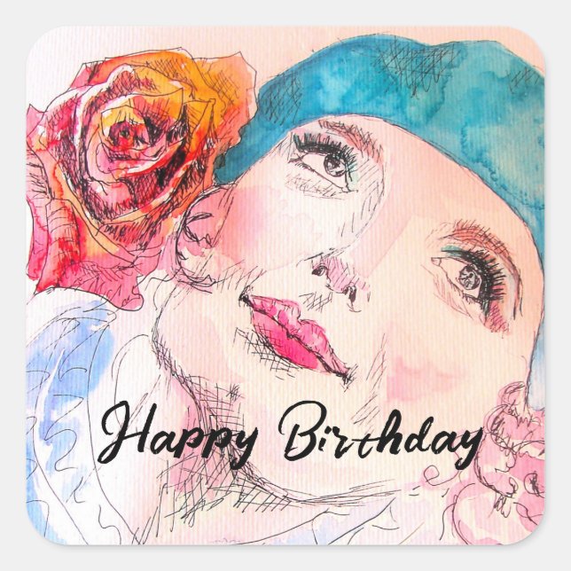Sticker Carré Fille avec Rose Rouge Beret fête d'anniversaire Fi (Devant)