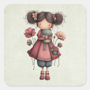 Sticker Carré Fille avec une poupée grenouille mignonne fantaisi