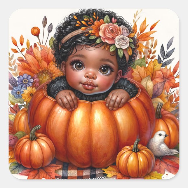 Sticker Carré Fille Bébée Noire En Automne Citrouille (Devant)