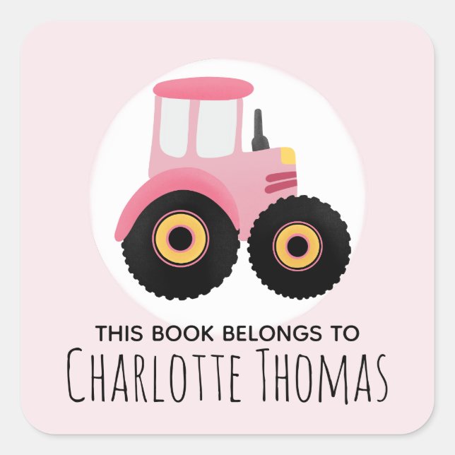 Sticker Carré Fille Ce Livre Appartient Pink Tractor Kids Bookpl (Devant)