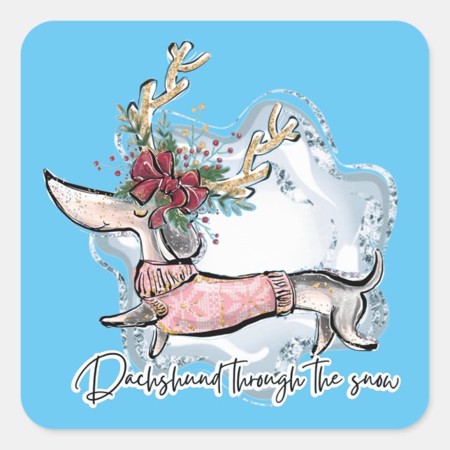 Sticker Carré Fille Dachshund À Travers La Neige (Devant)
