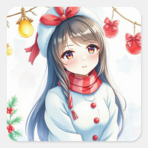 Sticker Carré Fille d'Anime personnalisée Noël