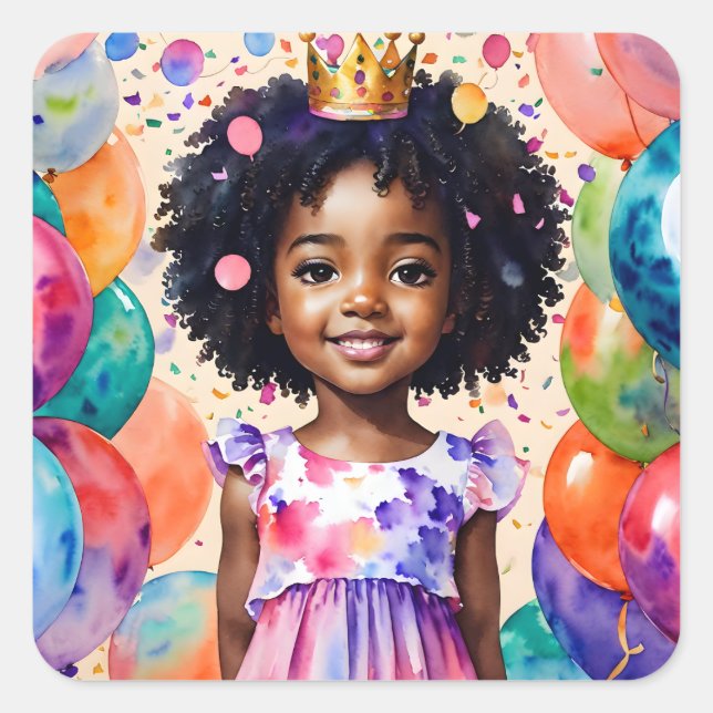 Sticker Carré Fille d'anniversaire avec la peau Brown Princesse  (Devant)