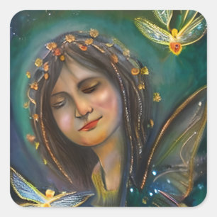 Sticker Carré Fille de fée éthérée et papillon d'or