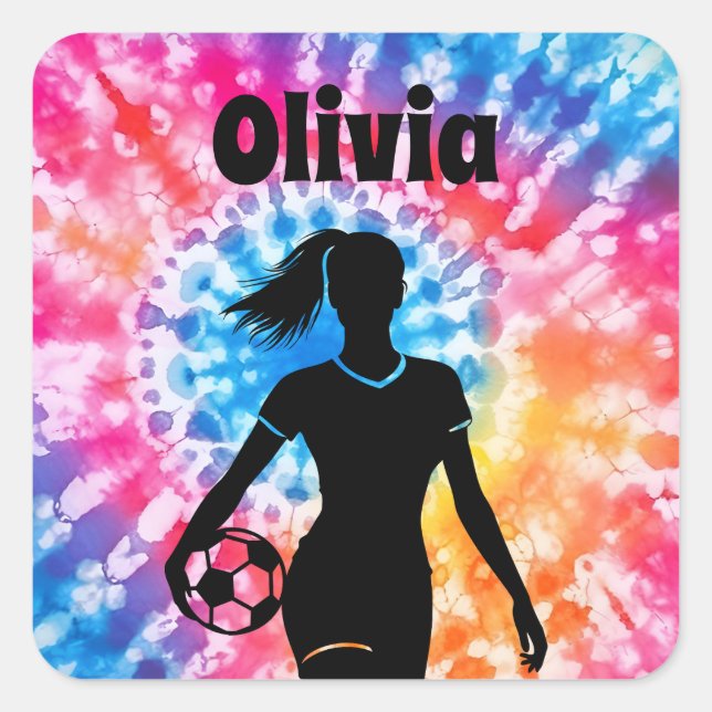 Sticker Carré Fille de football Personnalisé Cravate-Dye Rainbow (Devant)
