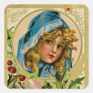 Sticker Carré Fille de Noël Vintage