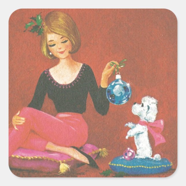 Sticker Carré Fille De Noël Vintage Avec Poodle Français (Devant)