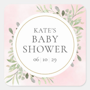 Sticker Carré Fille de verdure à l'aquarelle Baby Shower rose