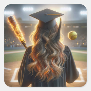 Sticker Carré Fille Diplômée Avec Chat Flamant et Softball